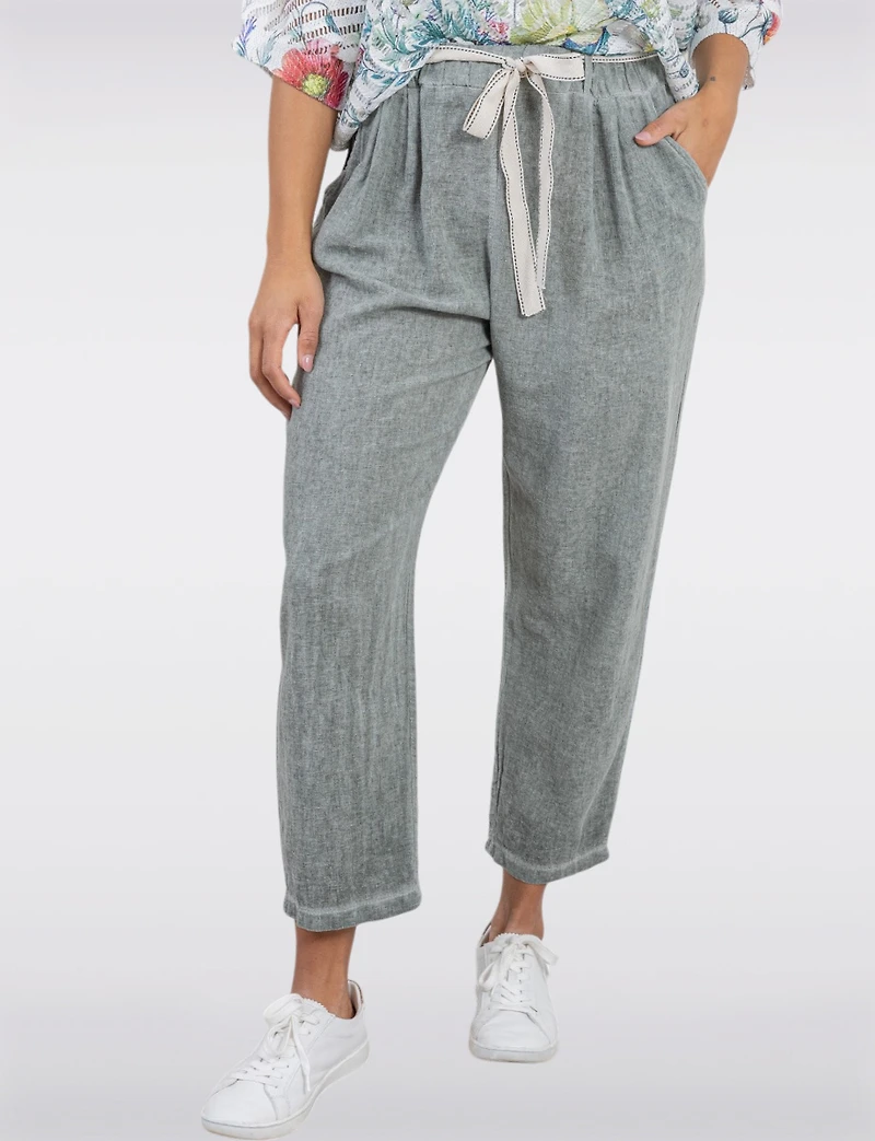Chic Linen Blend Solid Belted Pants With Front Pockets By Froccella