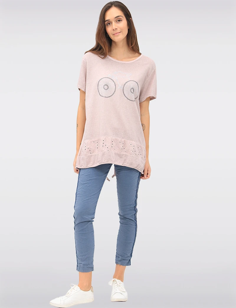 Linen Blend Short Sleeve Bicycle Rhinestones Design and Lace Top By Froccella