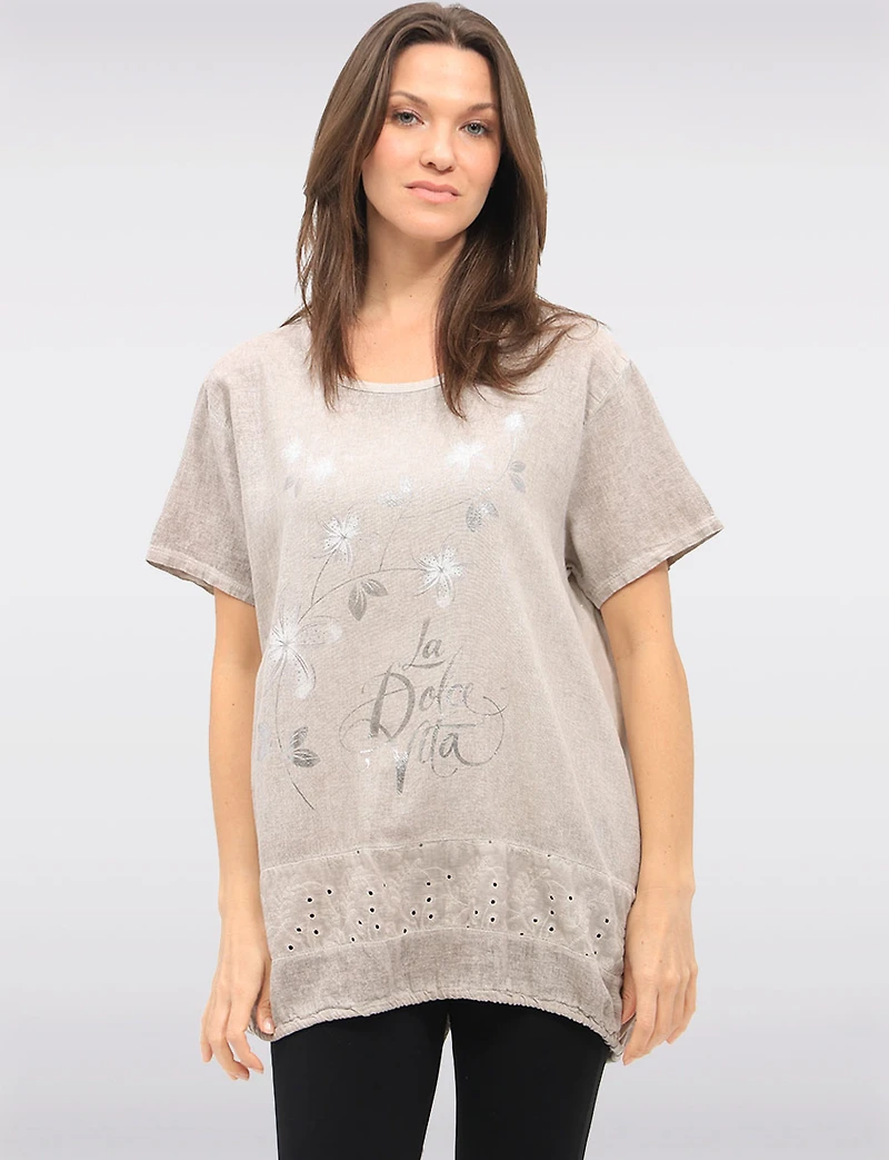 Cotton-Linen Metallic Floral Top with Lace & Adjustable Drawstrings by Froccella