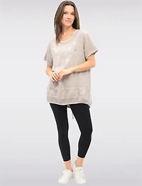 Cotton-Linen Metallic Floral Top with Lace & Adjustable Drawstrings by Froccella