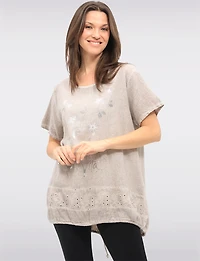 Cotton-Linen Metallic Floral Top with Lace & Adjustable Drawstrings by Froccella