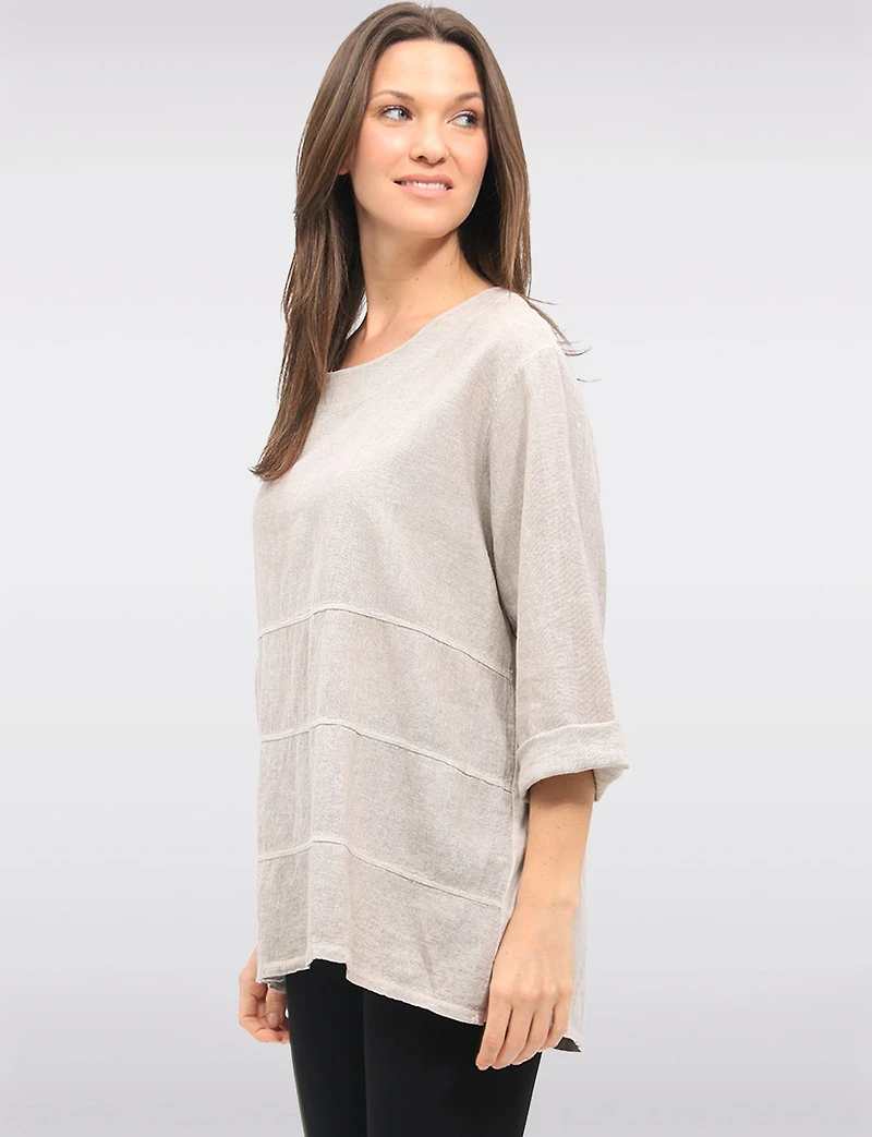 Light Linen Blend Three-quarter Sleeve Horizontal Stitch Detail Top by Froccella