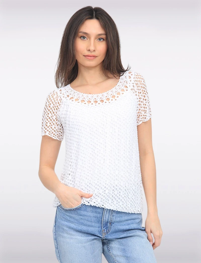 Crochet Knit Short Sleeve Round Neck Top by Froccella