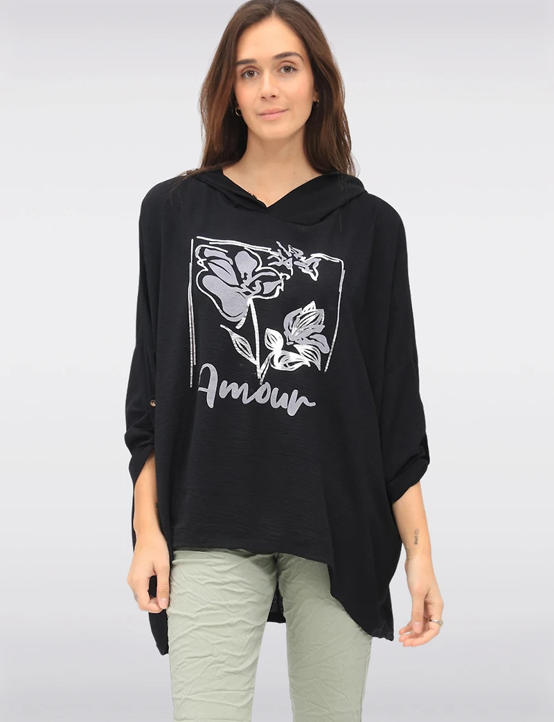 Floral Metallic Printed Amour Hooded Loose Fit 3/4 Sleeve Top by Froccella
