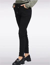 Crinkled Slim Fit Drawstring Waist 4-Pocket Stretch Pants by Froccella