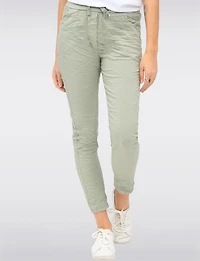 Crinkled Slim Fit Drawstring Waist 4-Pocket Stretch Pants by Froccella