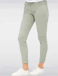 Crinkled Slim Fit Drawstring Waist 4-Pocket Stretch Pants by Froccella