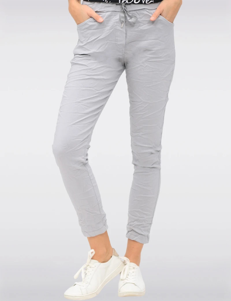 Crinkled Slim Fit Drawstring Waist 4-Pocket Stretch Pants by Froccella