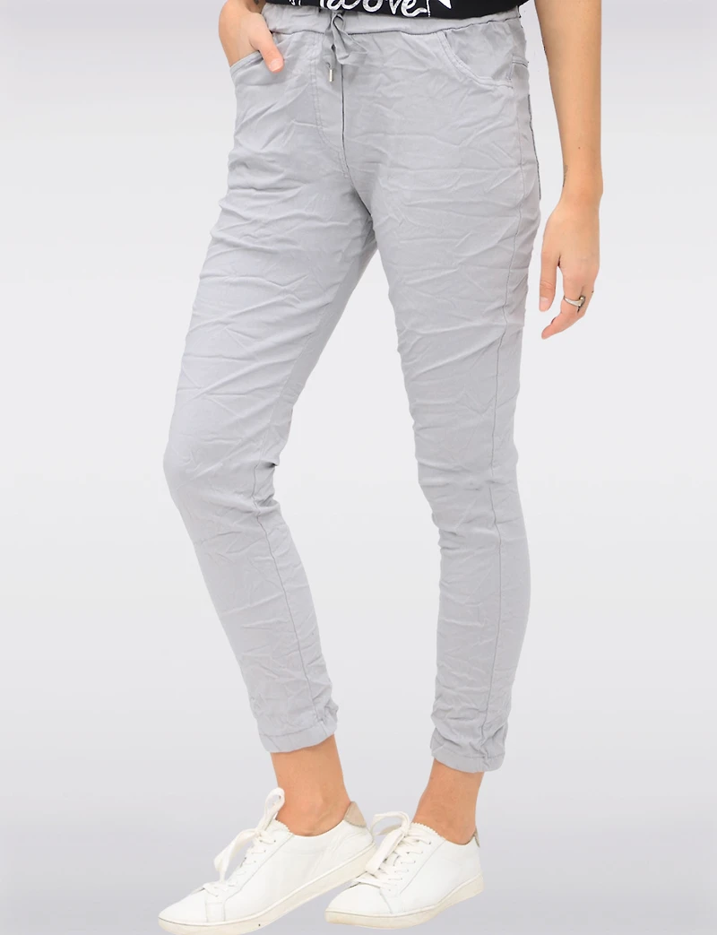 Crinkled Slim Fit Drawstring Waist 4-Pocket Stretch Pants by Froccella