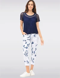 Crinkle White Paisley Print Drawstring Waist Stretch Slim Fit Pants by Froccella