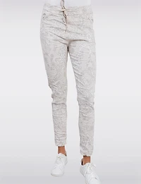Chic Paisley Print Crinkled Stretch Slim Fit Drawstring Waist Pants by Froccella