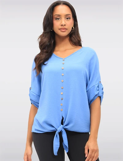Crinkled Solid Button Down V-Neck Front Tie Blouse by Froccella