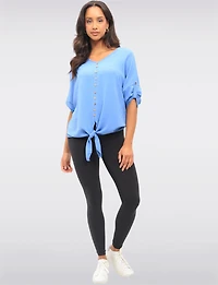 Crinkled Solid Button Down V-Neck Front Tie Blouse by Froccella