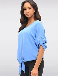 Crinkled Solid Button Down V-Neck Front Tie Blouse by Froccella