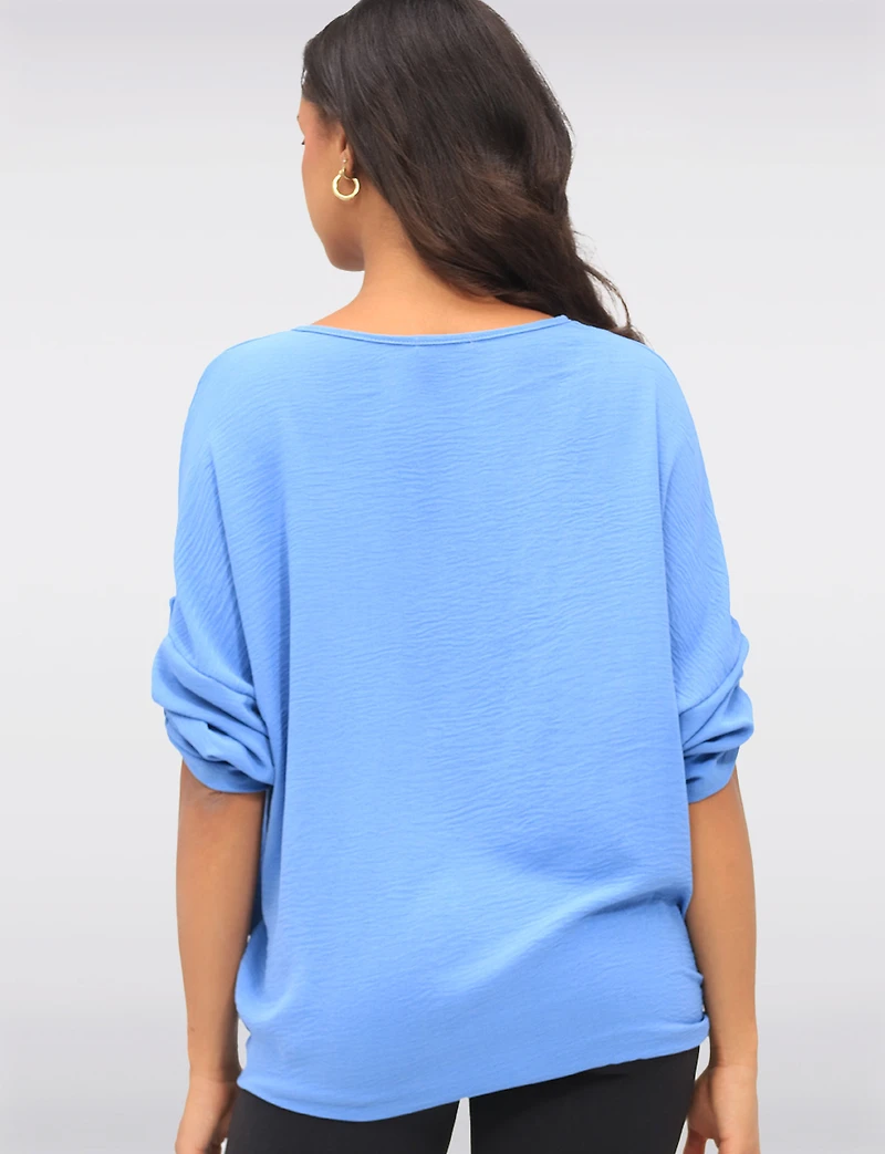 Crinkled Solid Button Down V-Neck Front Tie Blouse by Froccella