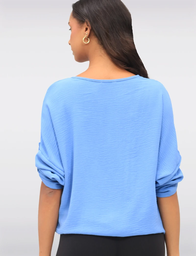 Crinkled Solid Button Down V-Neck Front Tie Blouse by Froccella