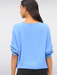 Crinkled Solid Button Down V-Neck Front Tie Blouse by Froccella