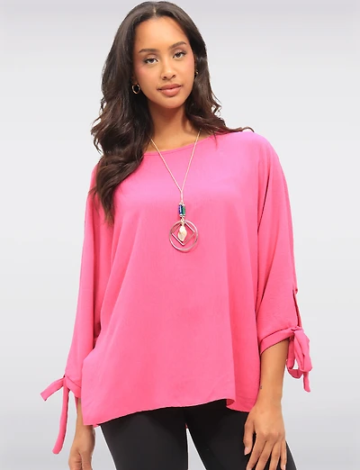 Round Neck Loose Fit Tie Sleeve Top with Elegant Necklace by Froccella