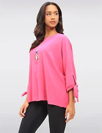 Round Neck Loose Fit Tie Sleeve Top with Elegant Necklace by Froccella
