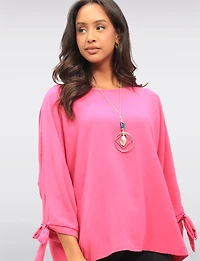 Round Neck Loose Fit Tie Sleeve Top with Elegant Necklace by Froccella