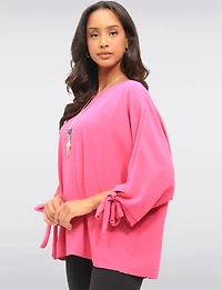 Round Neck Loose Fit Tie Sleeve Top with Elegant Necklace by Froccella