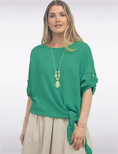 Round Neck Front Side Tie-Hem Top with Necklace by Froccella