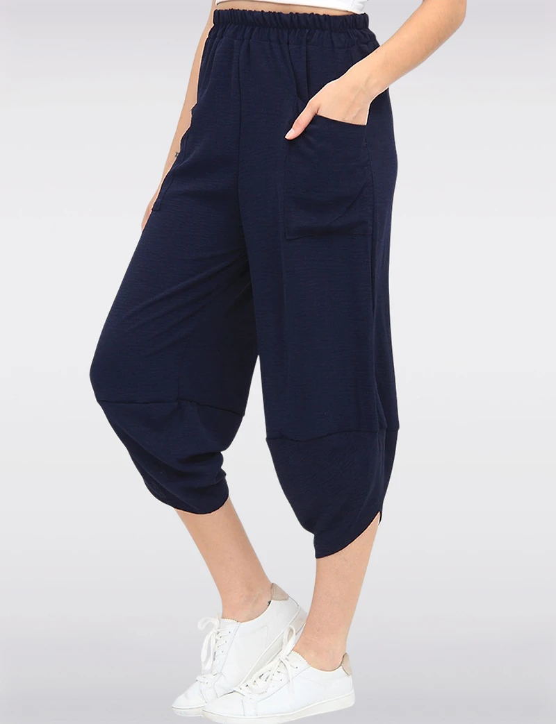 Elastic Waist Asymmetrical Hem Balloon Pant With Patch Pockets By Froccella