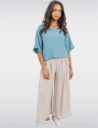 Chic Pleated Short-Sleeve Dolman Top with Elastic Hem by Froccella