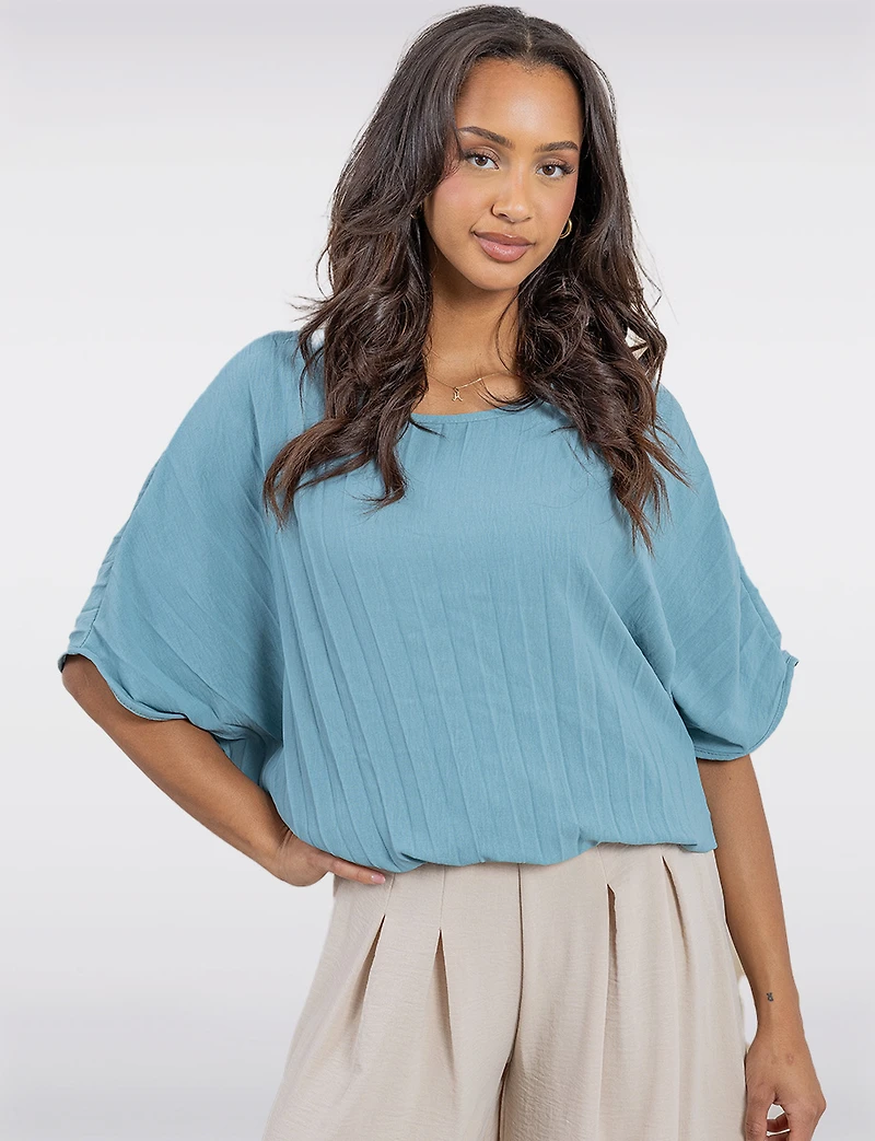 Chic Pleated Short-Sleeve Dolman Top with Elastic Hem by Froccella