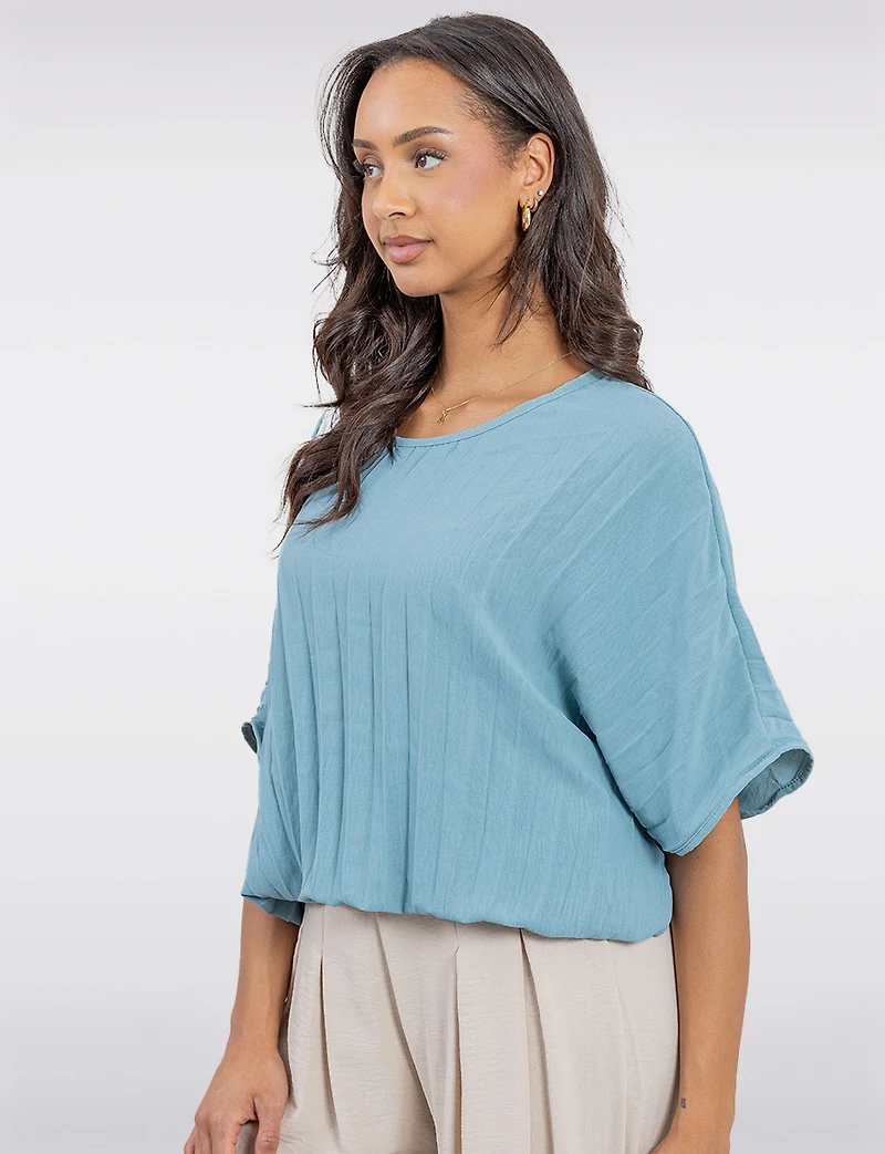 Chic Pleated Short-Sleeve Dolman Top with Elastic Hem by Froccella