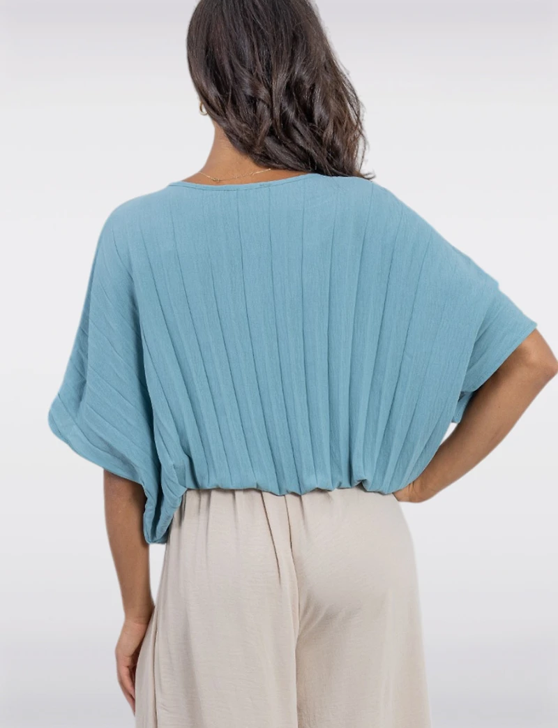 Chic Pleated Short-Sleeve Dolman Top with Elastic Hem by Froccella