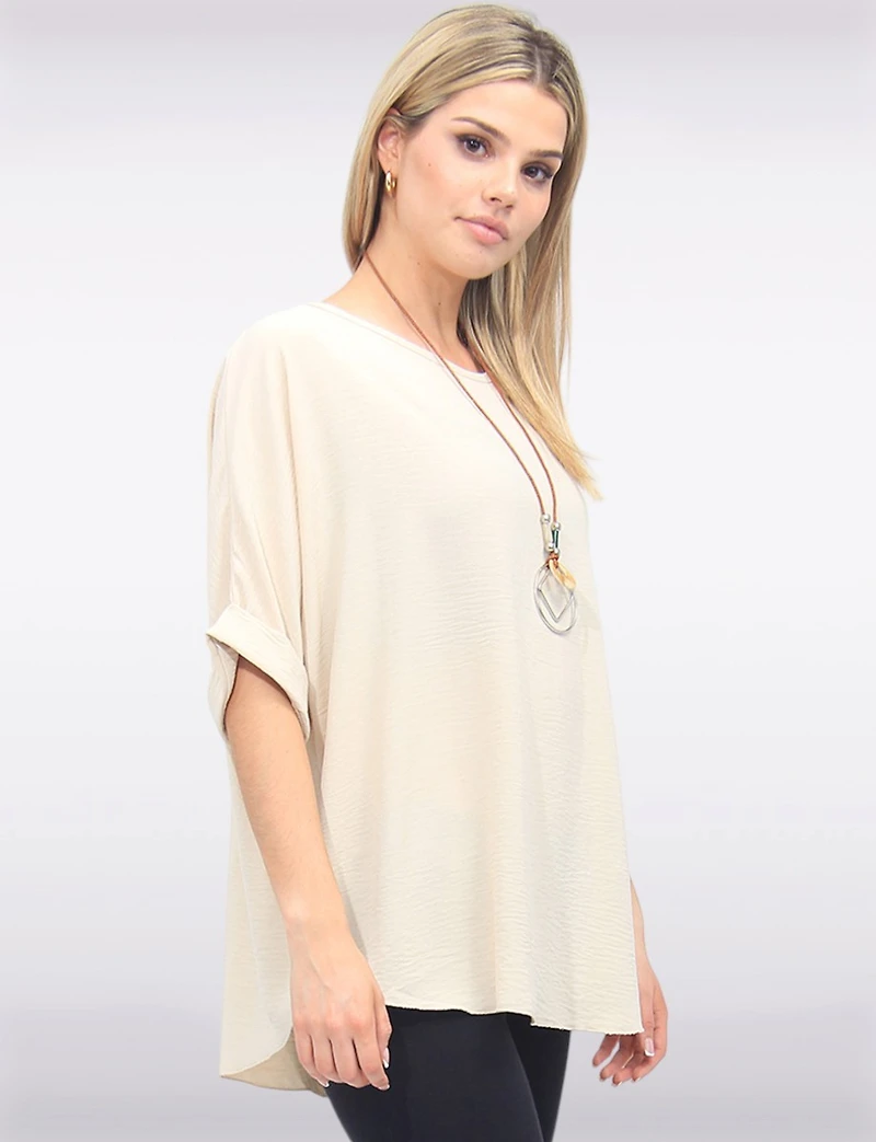 Elegant Solid Short Dolman Sleeve Blouse with Chic Necklace by Froccella