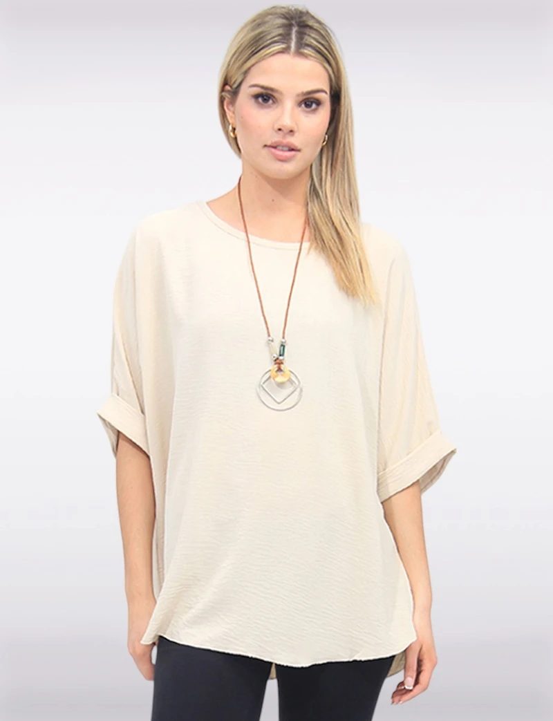 Elegant Solid Short Dolman Sleeve Blouse with Chic Necklace by Froccella