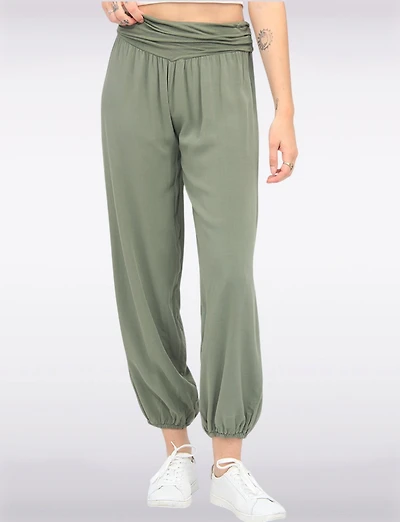 Solid Flowy Ruched Waist Band and Elastic Hem Balloon Pants by Froccella