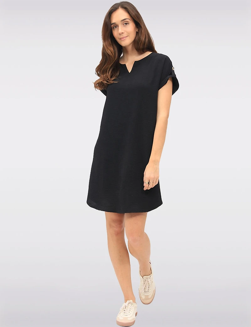 Short Sleeve Rolled Button Cuff Shirt Tail Hem Dress with Split Neck by Devia