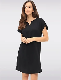 Short Sleeve Rolled Button Cuff Shirt Tail Hem Dress with Split Neck by Devia