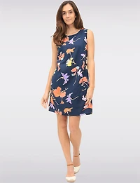 Linen-Blend Sleeveless Floral-Print Round-Neck Dress with Pockets by Devia