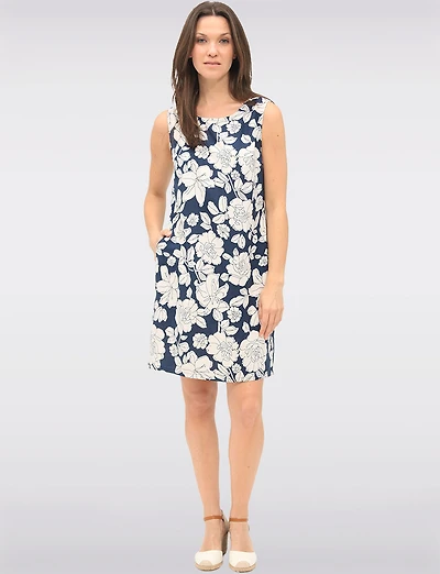 Sleeveless Abstract Floral-Print Linen-Blend Dress with Side Pockets by Devia