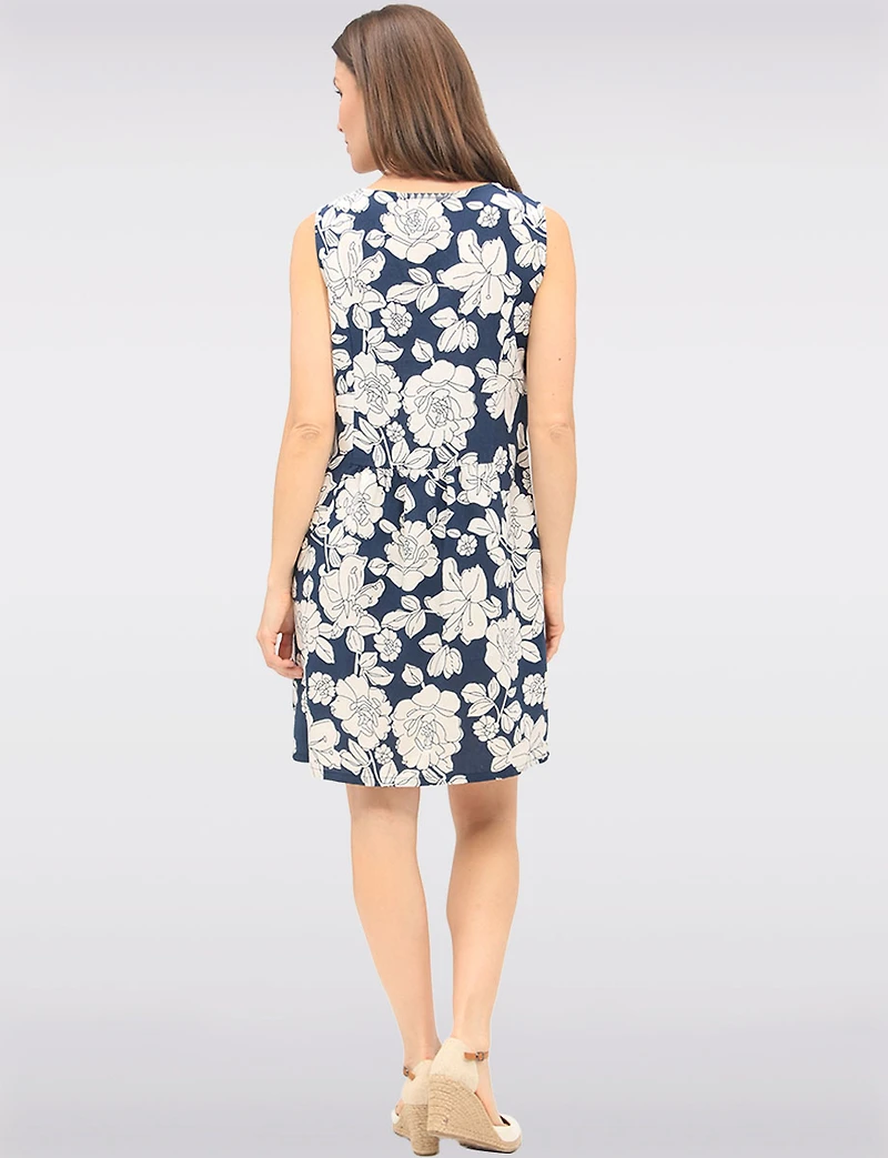 Sleeveless Abstract Floral-Print Linen-Blend Dress with Side Pockets by Devia