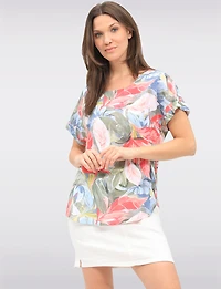 Flowy Multicolor Leaf-Print Cap Sleeve Top with Rounded Hem by Devia