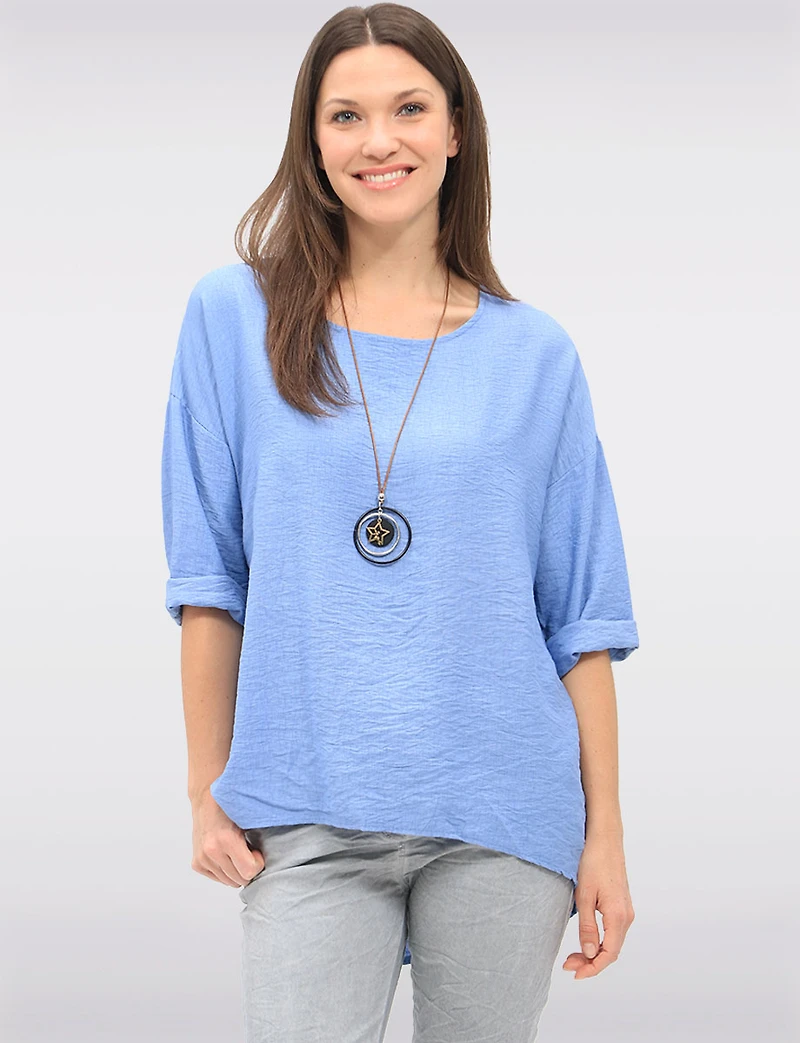 Flowy Round Neck Asymmetrical Hem Top with 3/4 Sleeves and Necklace by Froccella