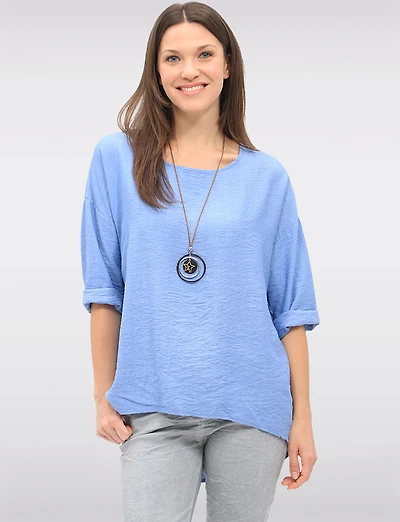 Flowy Round Neck Asymmetrical Hem Top with 3/4 Sleeves and Necklace by Froccella