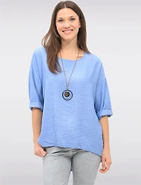 Flowy Round Neck Asymmetrical Hem Top with 3/4 Sleeves and Necklace by Froccella