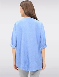 Flowy Round Neck Asymmetrical Hem Top with 3/4 Sleeves and Necklace by Froccella
