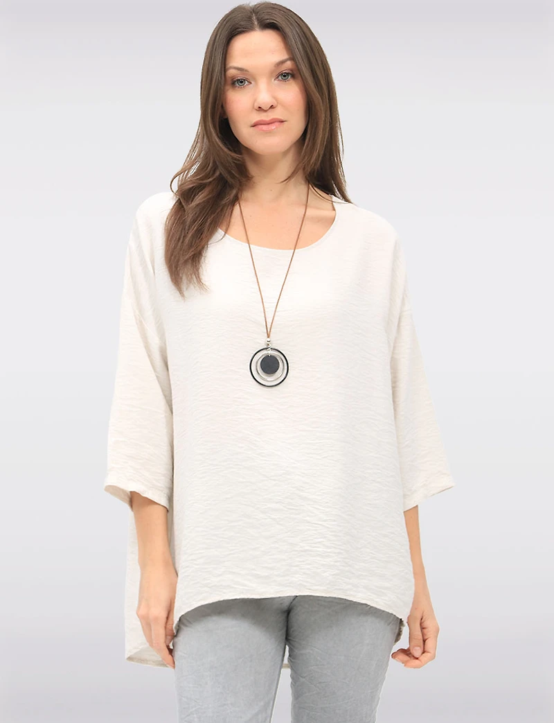 Flowy Round Neck Asymmetrical Hem Top with 3/4 Sleeves and Necklace by Froccella
