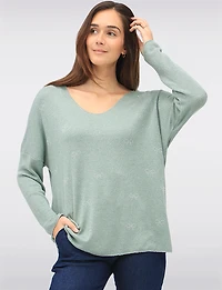 Wool-Blend Embellished Jewel Bow Design Long Sleeve V-Neck Top by Froccella