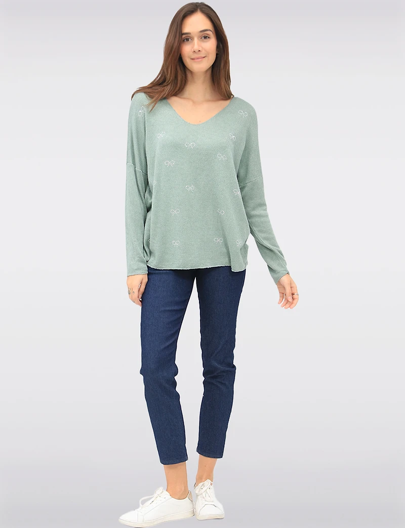 Wool-Blend Embellished Jewel Bow Design Long Sleeve V-Neck Top by Froccella