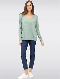 Wool-Blend Embellished Jewel Bow Design Long Sleeve V-Neck Top by Froccella