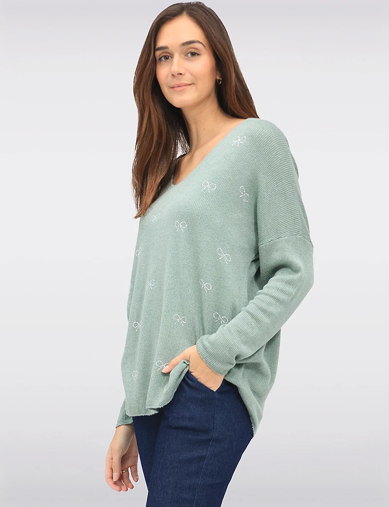 Wool-Blend Embellished Jewel Bow Design Long Sleeve V-Neck Top by Froccella
