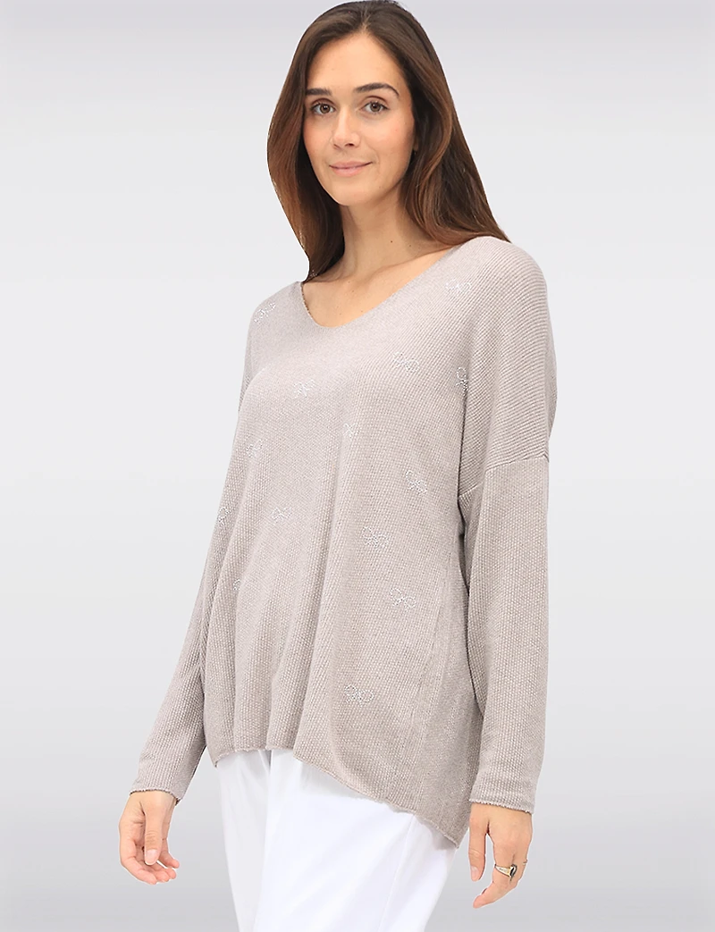 Wool-Blend Embellished Jewel Bow Design Long Sleeve V-Neck Top by Froccella